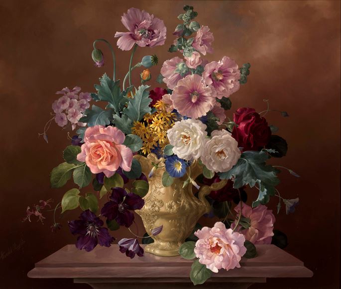 Harold Clayton - Roses, Hollyhocks and Poppies in an Ornamental Jug | MasterArt